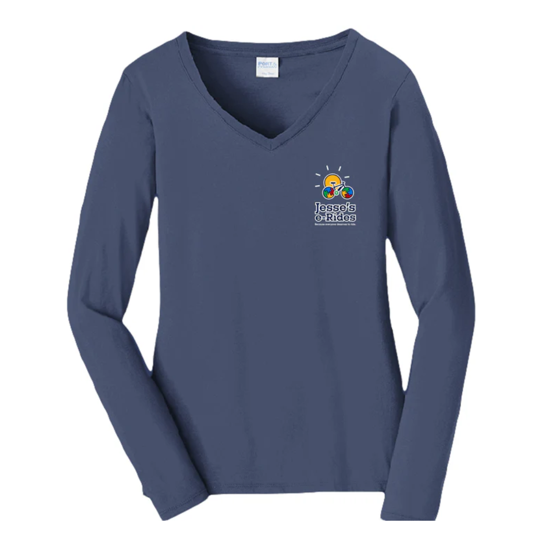 Jesse’s e-Rides Women’s Cotton Long-Sleeve V-Neck Shirt Classic Logo