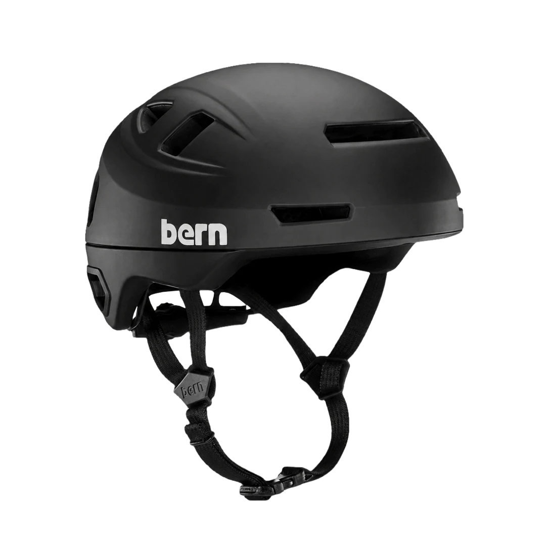 Bern Hudson MIPS bike helmet in Matte Black, rear view with integrated light