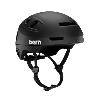 Bern Hudson MIPS bike helmet in Matte Black, rear view with integrated light