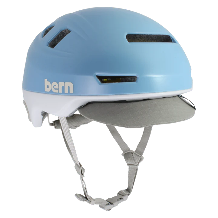 Bern Hudson MIPS bike helmet in Satin Pool White, front three-quarter view