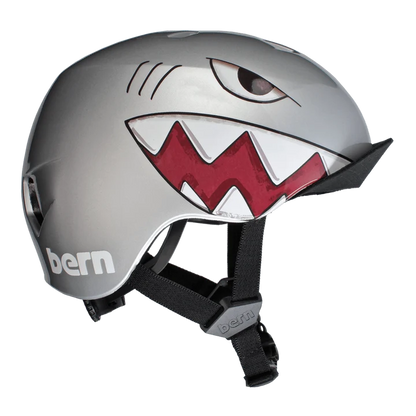 Bern Nino DVRT Youth Bike Helmet in Metallic Silver Shark Bite, view 3