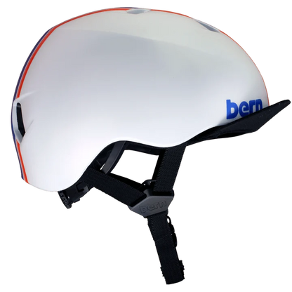 Bern Nino DVRT Youth Bike Helmet in Satin White Racing Stripe, rear view