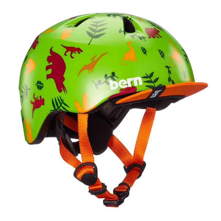 Bern Tigre Youth Bike Helmet in Satin Green Dino, view 1