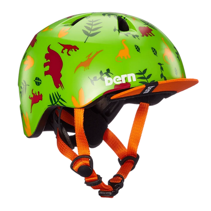Bern Tigre Youth Bike Helmet in Satin Green Dino, view 1