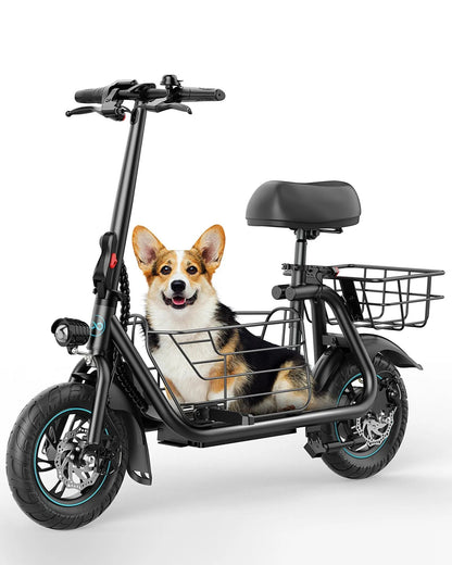 Gyroor C1S electric scooter with pet in front basket