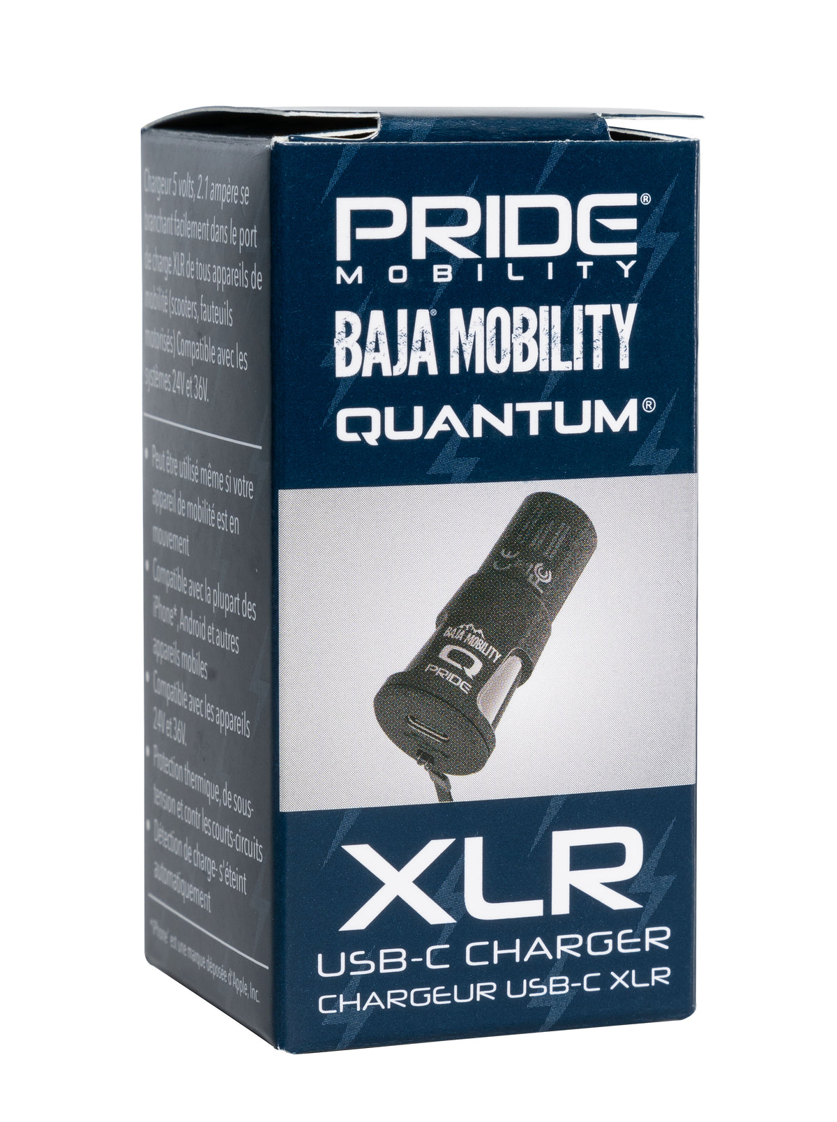 Pride Mobility XLR USB-C charger packaging